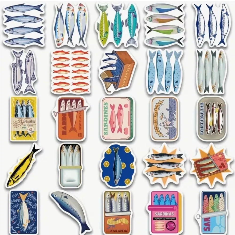 50 Sardine Tin Can Fish Stickers Colorful Nautical Mediterranean Sea Italian - Picture 2 of 10
